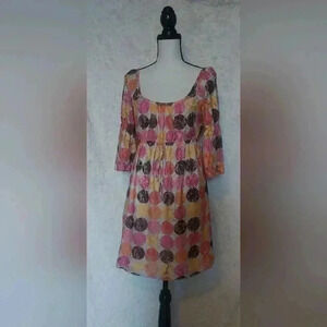 Isle by Melis Korzan Polka Dot Baby Doll Peplum Brown & Pink Dress Size M